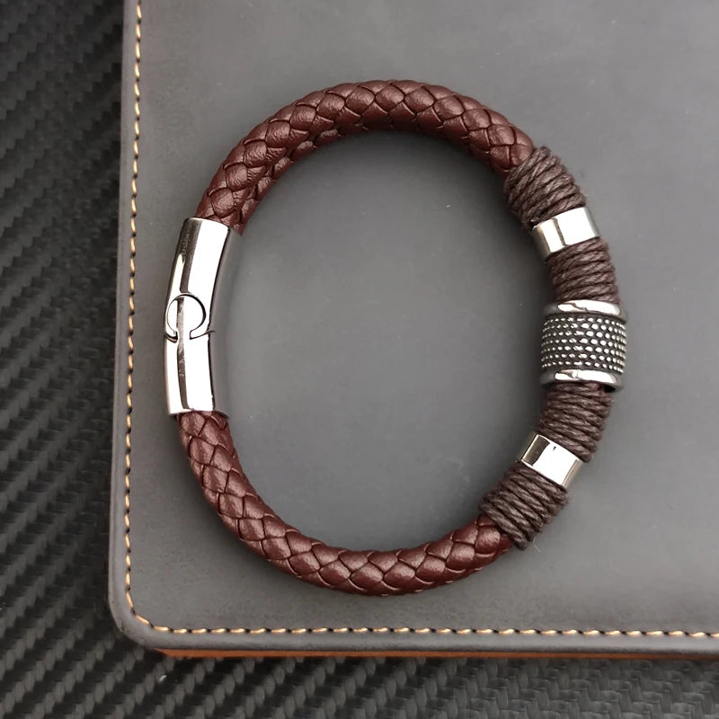 Pulseira masculina de couro vintage com aço inoxidável