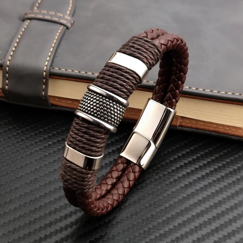 Pulseira masculina de couro vintage com aço inoxidável