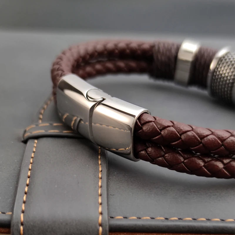 Pulseira masculina de couro vintage com aço inoxidável